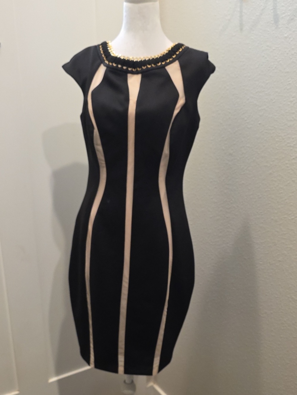 Jax Black Mini Dress with Beige Contrast Panels and Embellished Neck